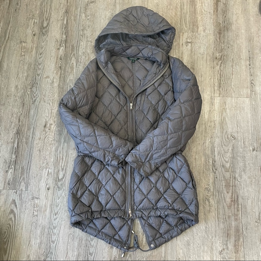 LAUREN RALPH LAUREN Gray Down Fill Quilted Lightweight Hooded Jacket - Small